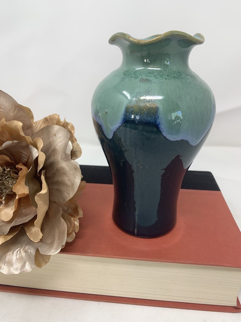 Studio Art Pottery Vase Teal/green Drip Glaze